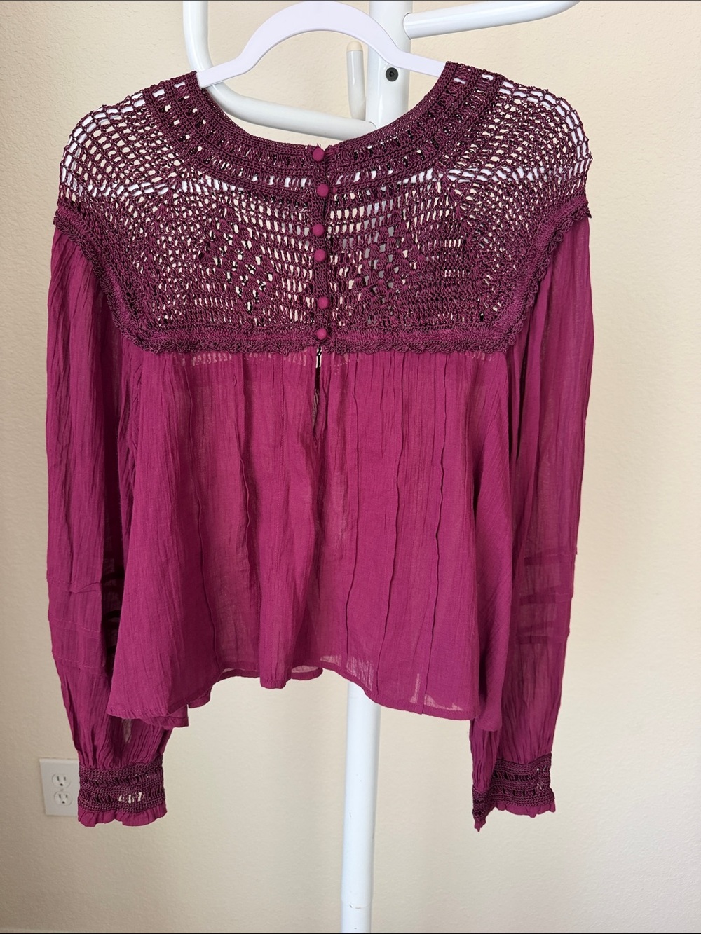 NWT Free People Woven Crochet Yoke Long-Sleeve Blouse - Burgundy